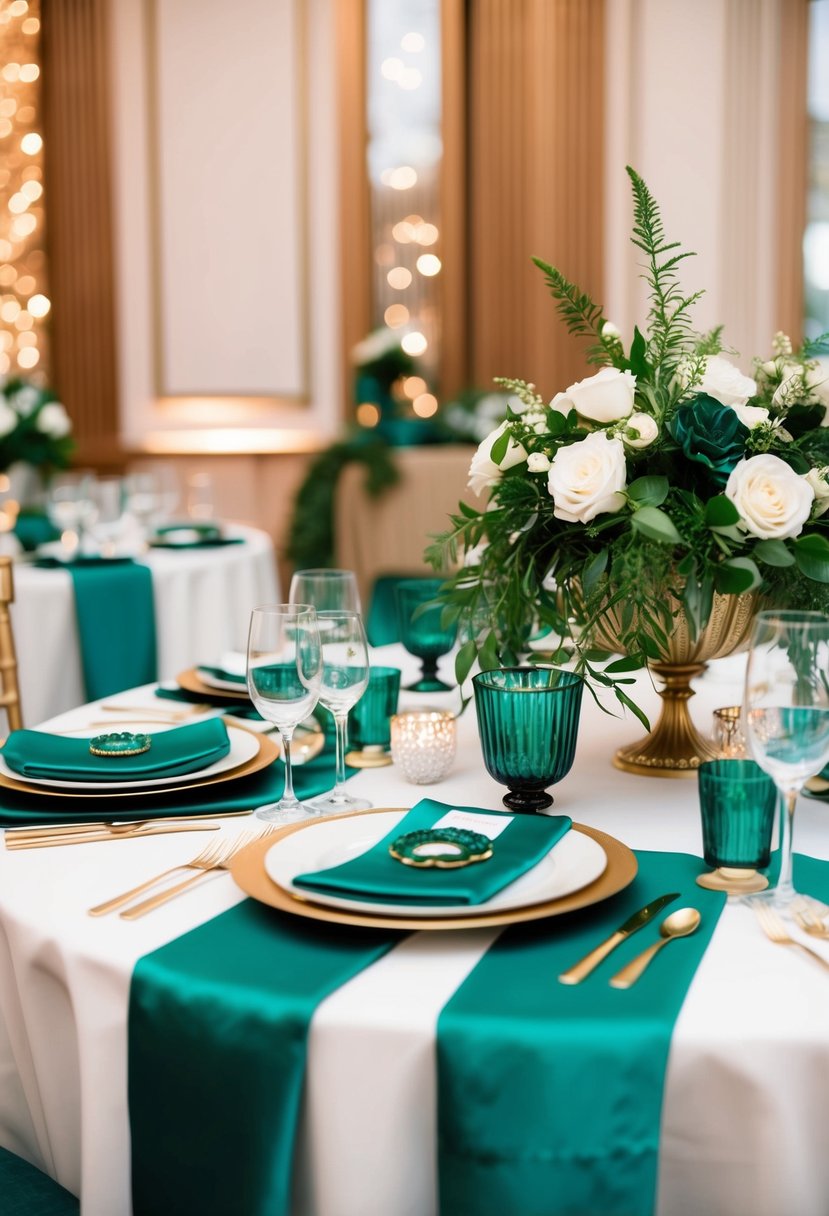 An art deco wedding table adorned with emerald-accented decorations