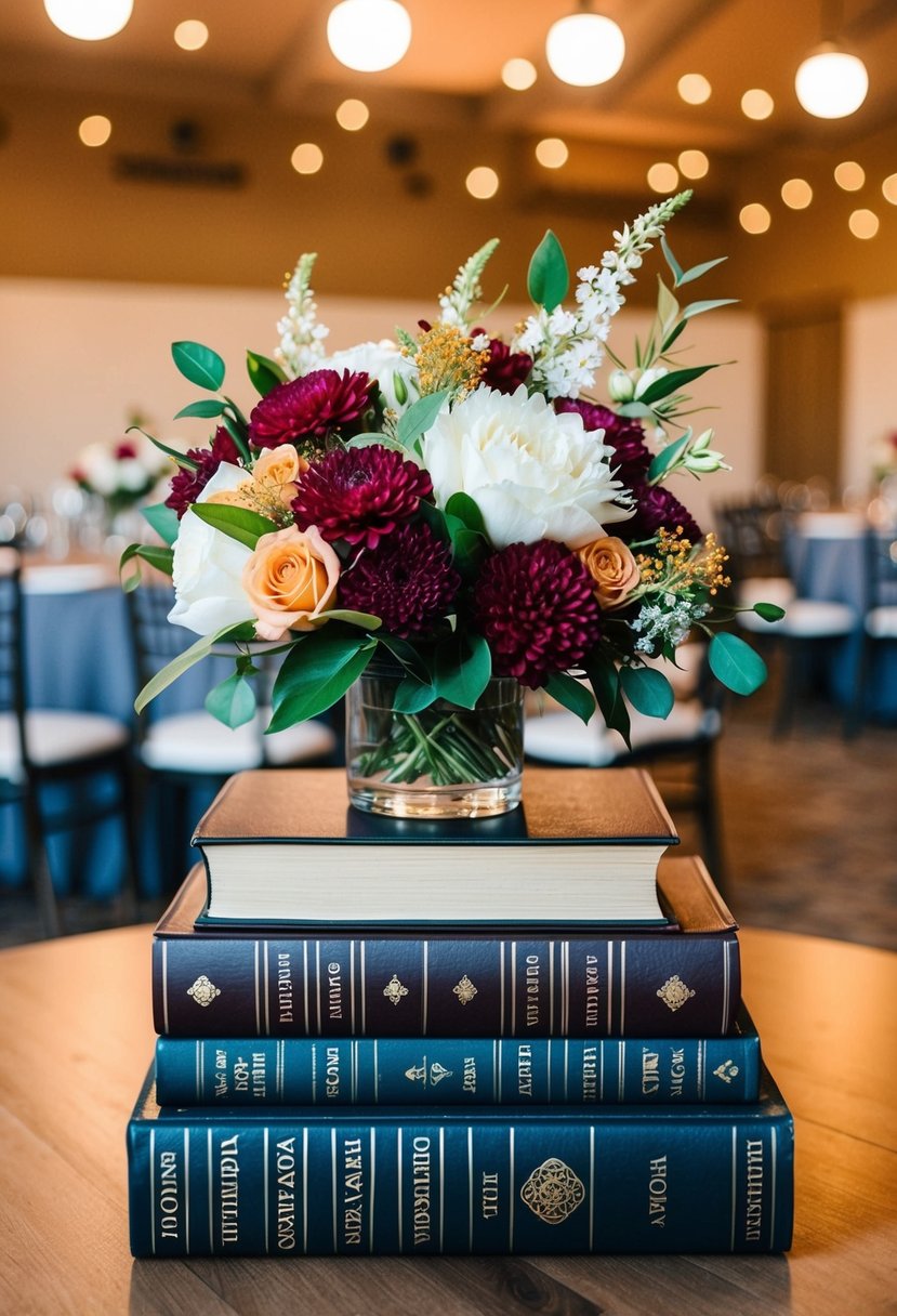 A table adorned with books featuring floral accents, serving as affordable wedding decorations