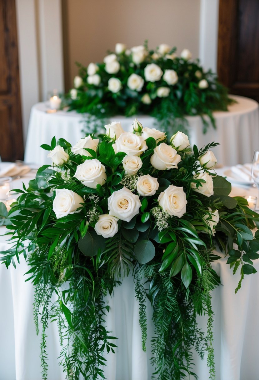 A lush arrangement of greenery and white roses cascades from a table, creating a stunning wedding bouquet centerpiece