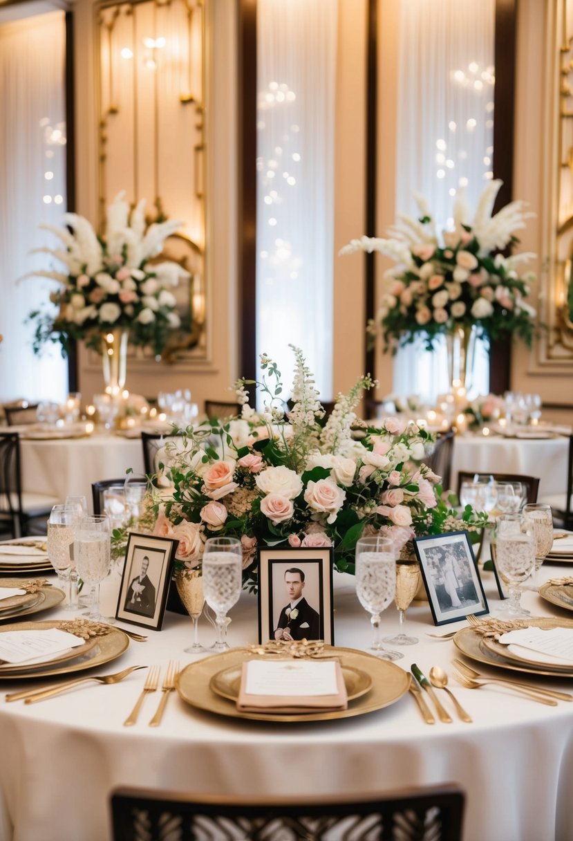 A lavish art deco wedding table with vintage art nouveau photos and intricate floral decorations