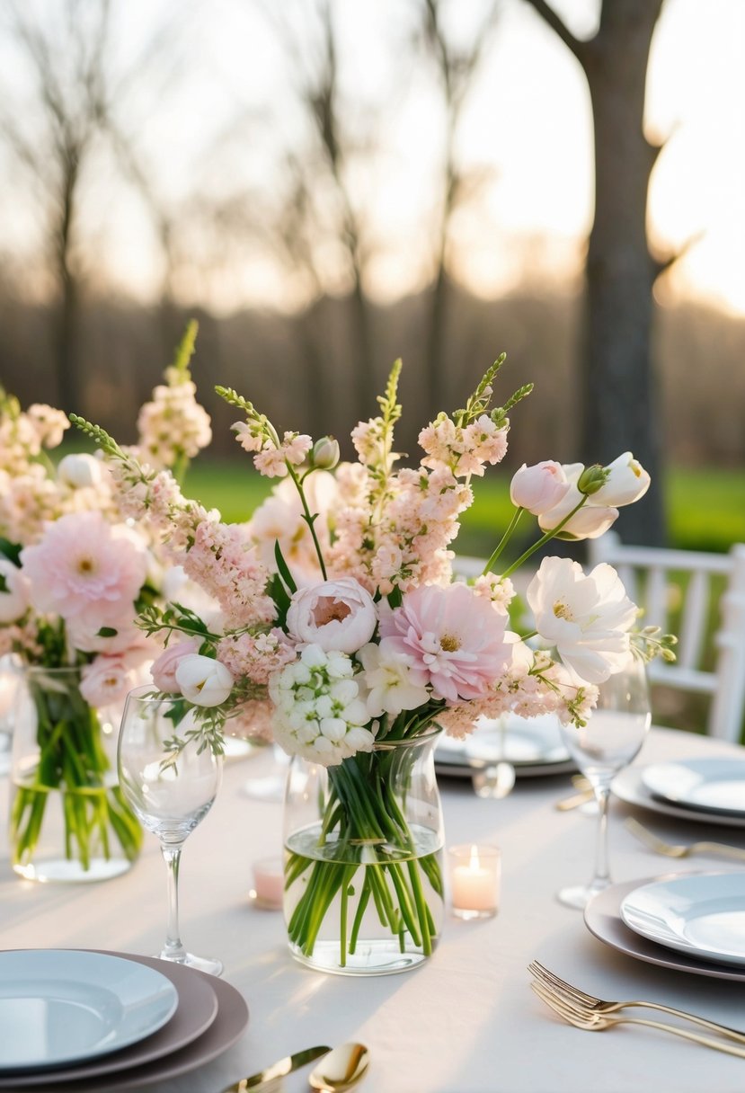 A table adorned with delicate light-pink spring bouquets, perfect for a wedding centerpiece