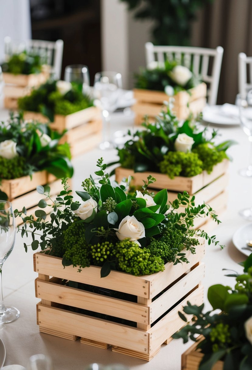 Wooden crates filled with lush greenery arranged as affordable wedding table decorations