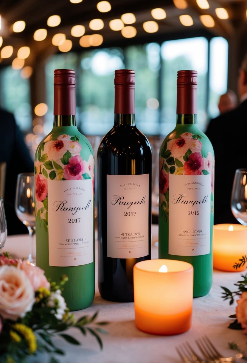 Three painted wine bottles arranged on a table with floral centerpieces and candlelight