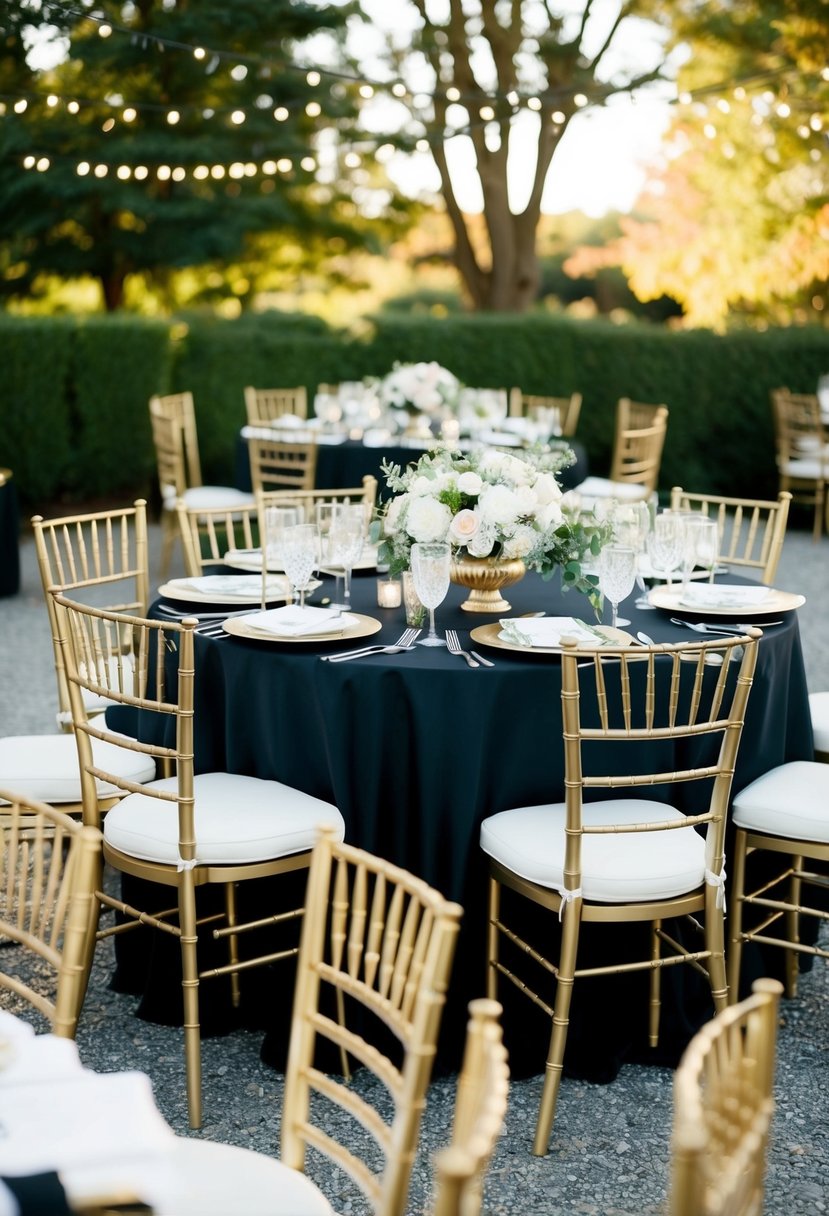 Black and gold art deco chairs surround a wedding table with elegant decorations