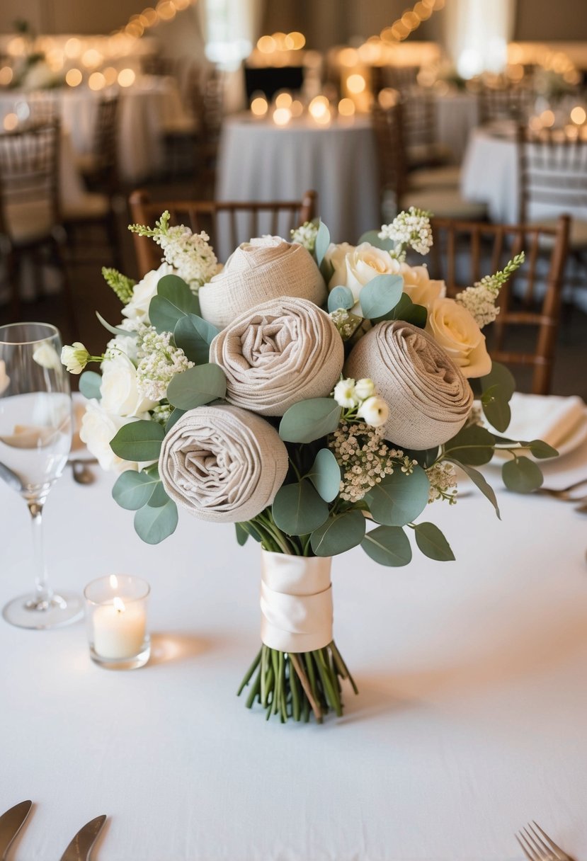 A bouquet of neutral-toned linen accents sits on a head table at a wedding reception