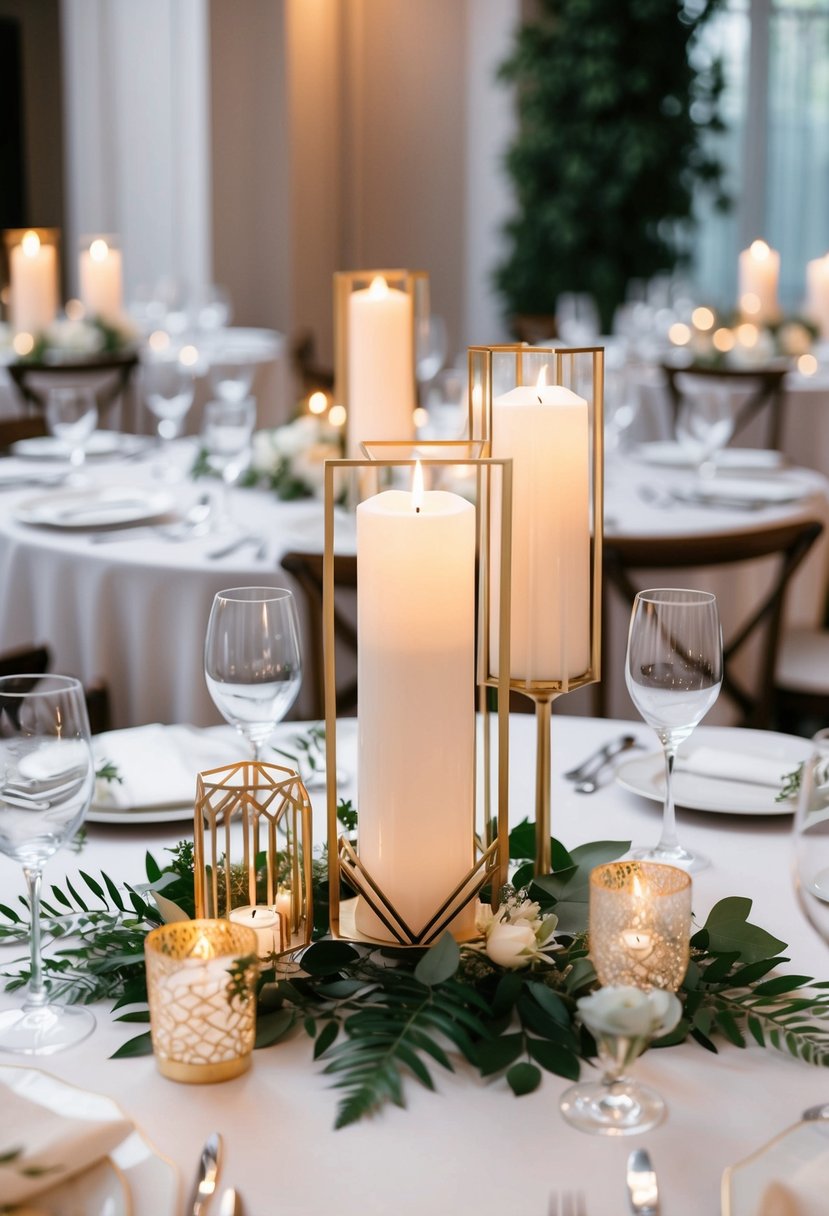 A table adorned with art deco geometric candle holders, creating an elegant and stylish wedding centerpiece