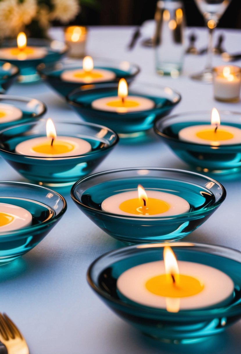 Shallow bowls filled with water and floating candles, arranged as affordable wedding table decorations