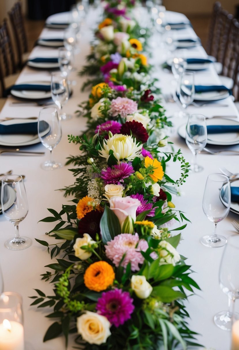 A long and low floral arrangement adorns the head table at a wedding, featuring a variety of colorful blooms and greenery