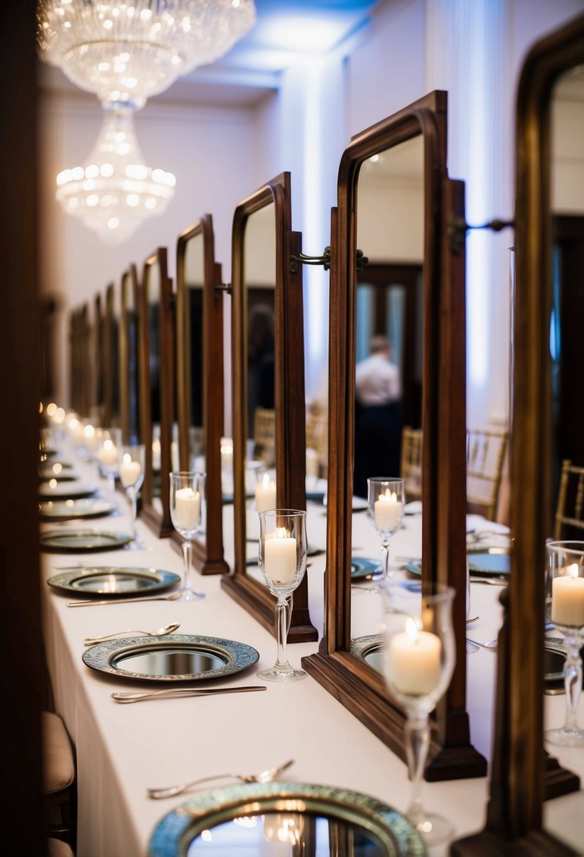 Antique mirrors arranged in a line, reflecting the art deco wedding table decor