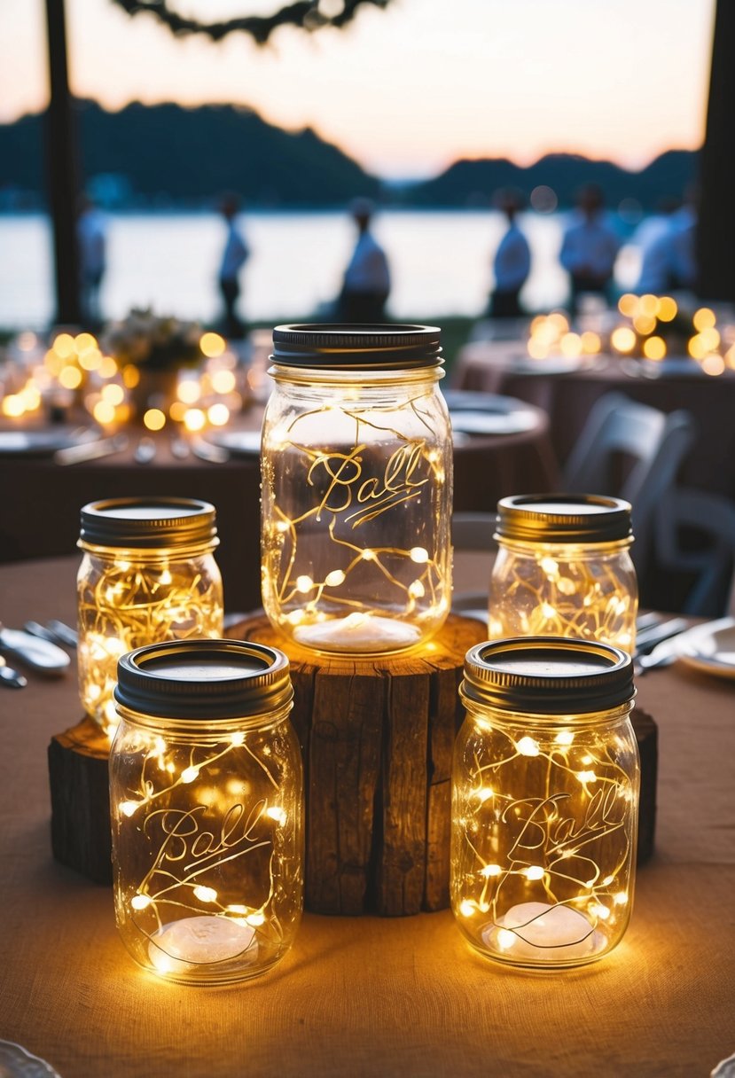 Mason jars filled with twinkling fairy lights illuminate a rustic wedding table setting