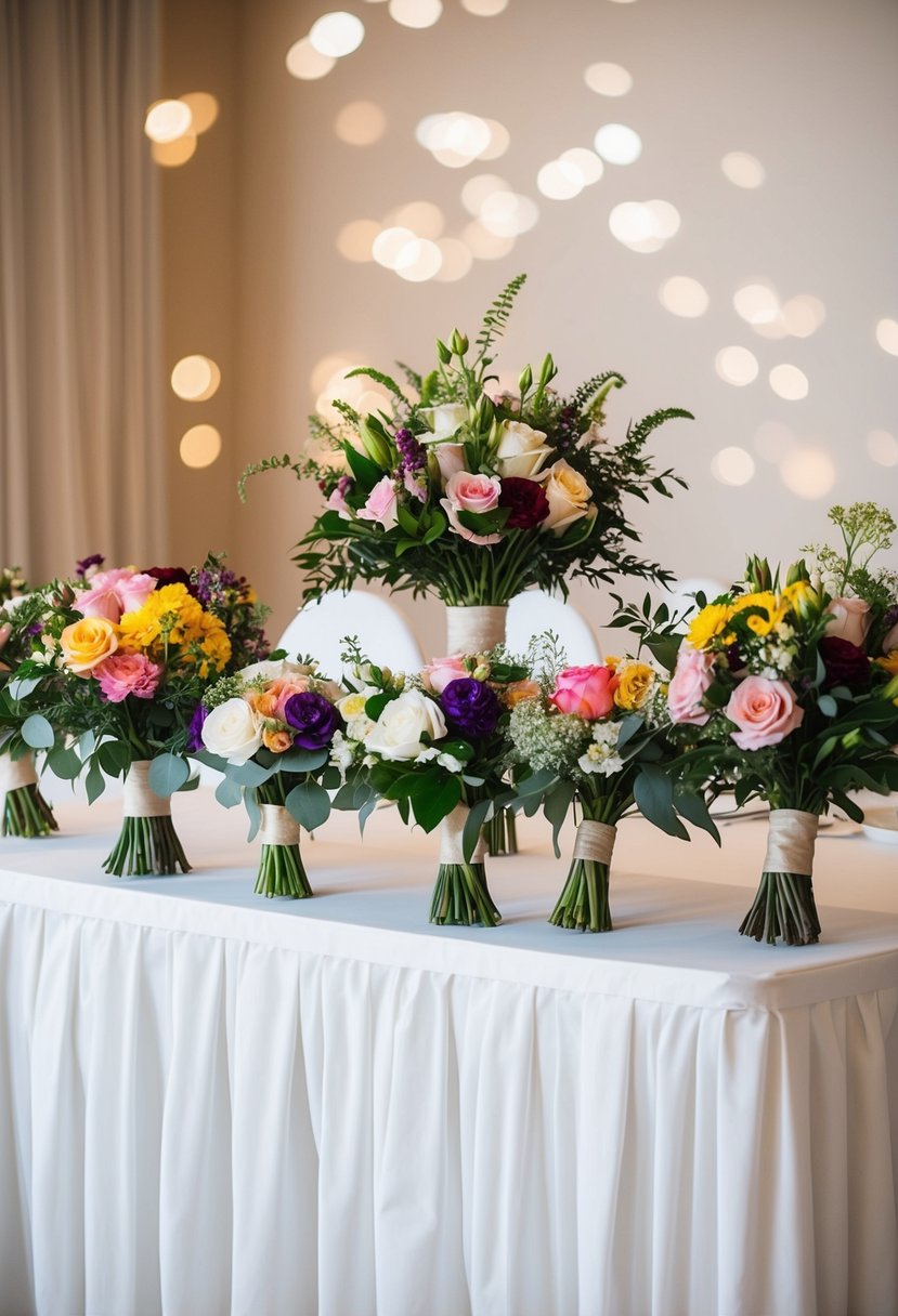 Bouquets of various sizes and colors arranged on a head table, repurposed from bridesmaids' bouquets at a wedding