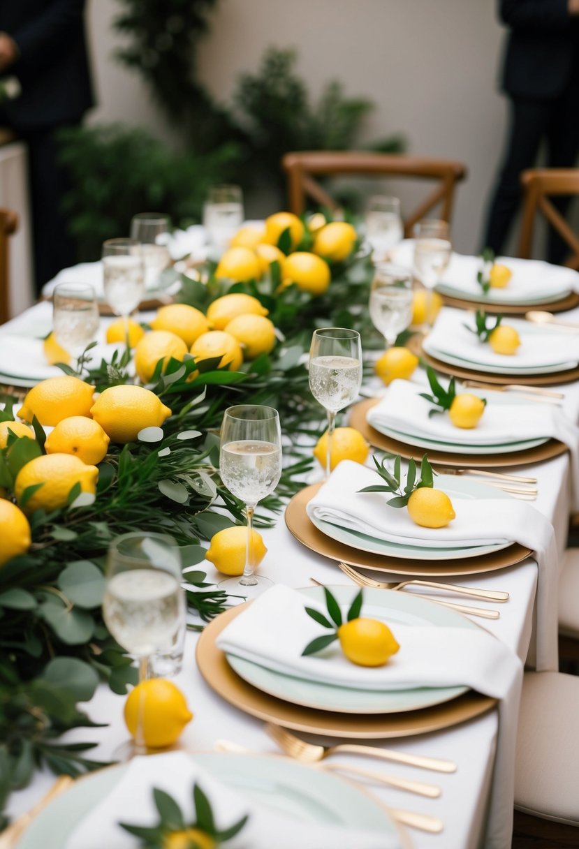 A table set with lemon centerpieces, surrounded by white linens and greenery