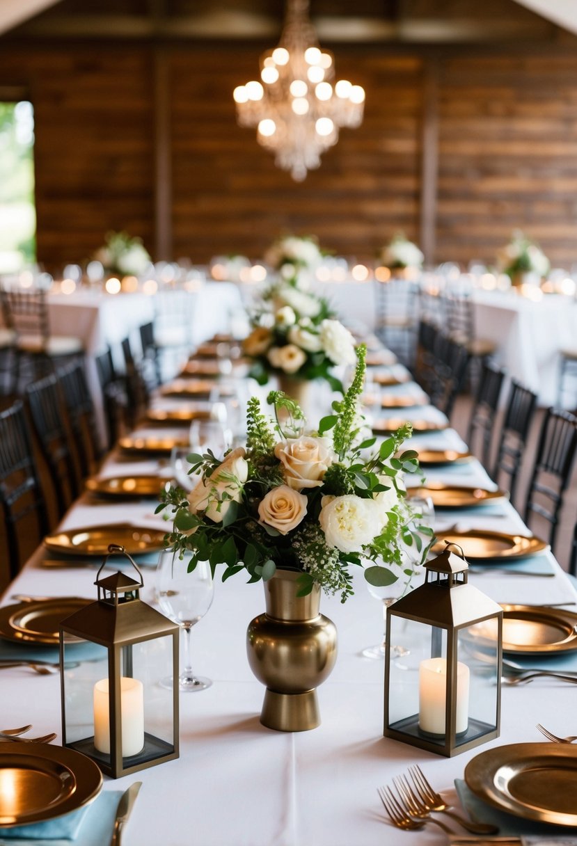 A head table at a wedding adorned with bronze lantern centerpieces and a bouquet of flowers