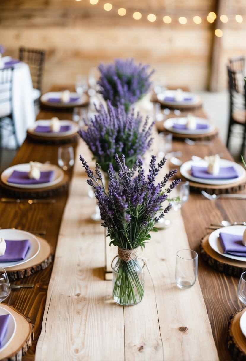 A wooden table adorned with rustic lavender centerpieces, creating an affordable and charming wedding decoration