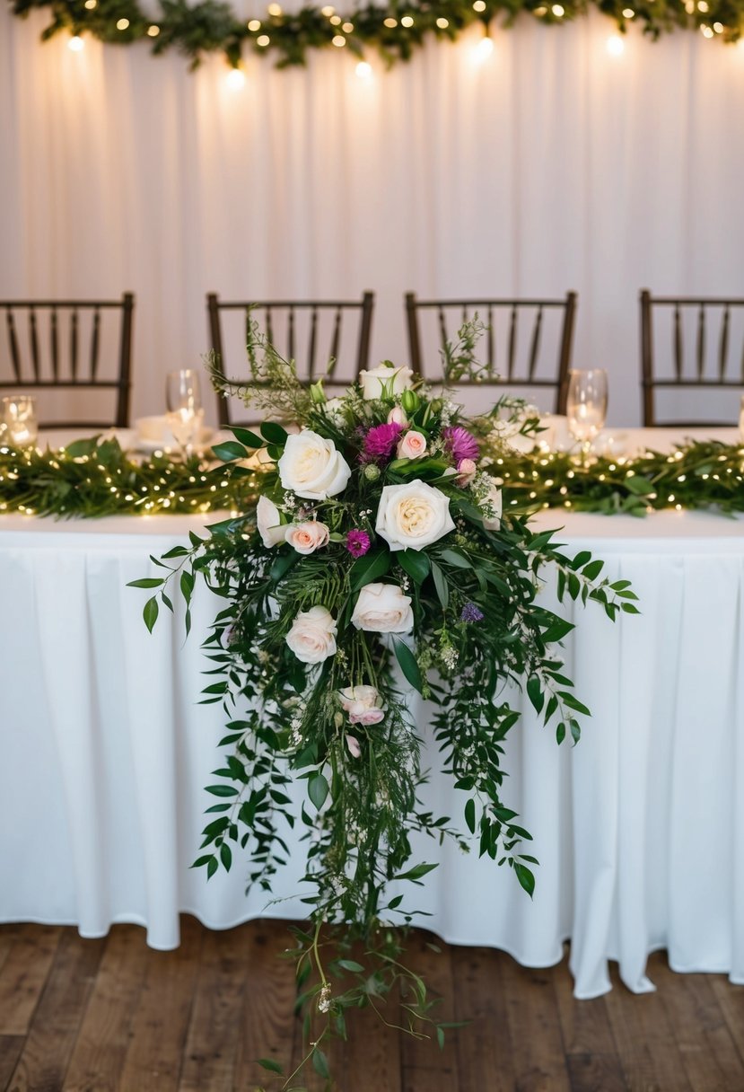 A head table adorned with floral garlands and twinkling fairy lights, perfect for a romantic wedding bouquet illustration