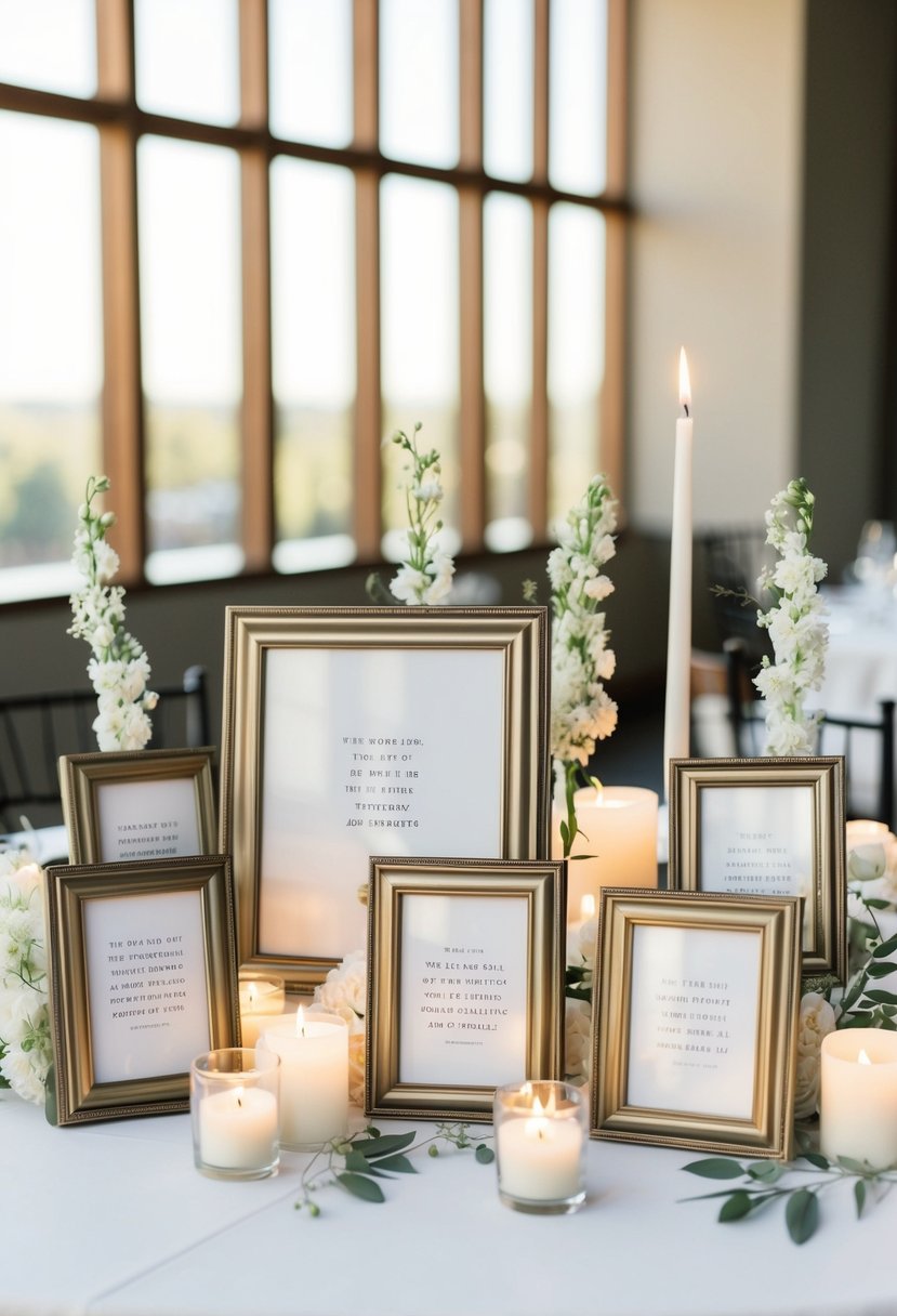 A collection of picture frames with quotes arranged on a table, surrounded by delicate flowers and candles, creating an elegant and affordable wedding decoration