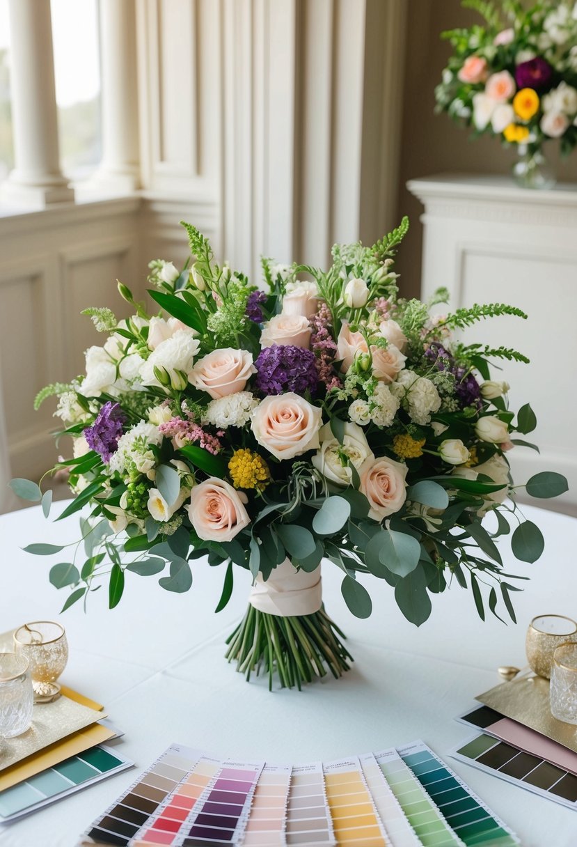 A beautifully arranged wedding bouquet sits on a table surrounded by lifelike designer color palettes, inspiring ideas for the perfect floral arrangements