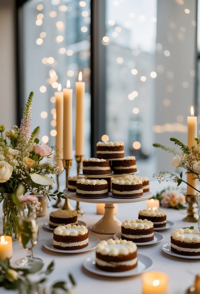 A table adorned with small cutting cakes, surrounded by delicate flowers and candles, creating an elegant and affordable wedding decoration