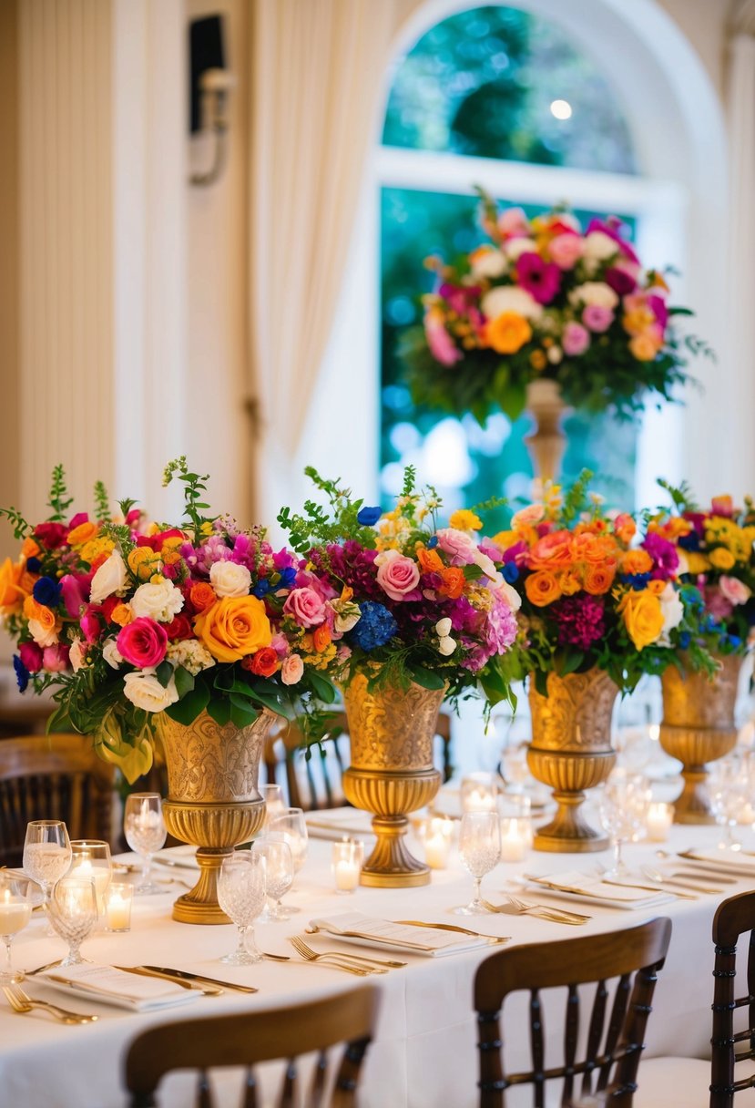 Colorful bouquets in ornate vases adorn a head table at a wedding, showcasing elegant and romantic bouquet ideas