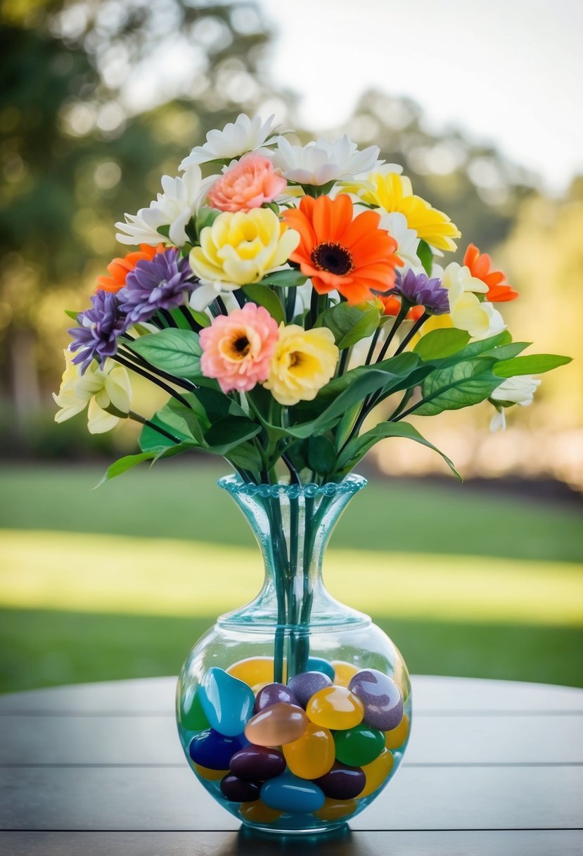 A Dollar Tree vase filled with colorful stones and faux flowers for an affordable wedding table decoration