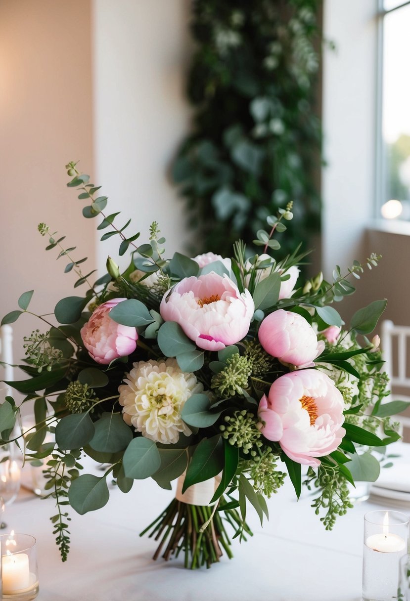 A lush bouquet of eucalyptus and peonies adorns a head table at a wedding, with delicate greenery and vibrant pink blooms