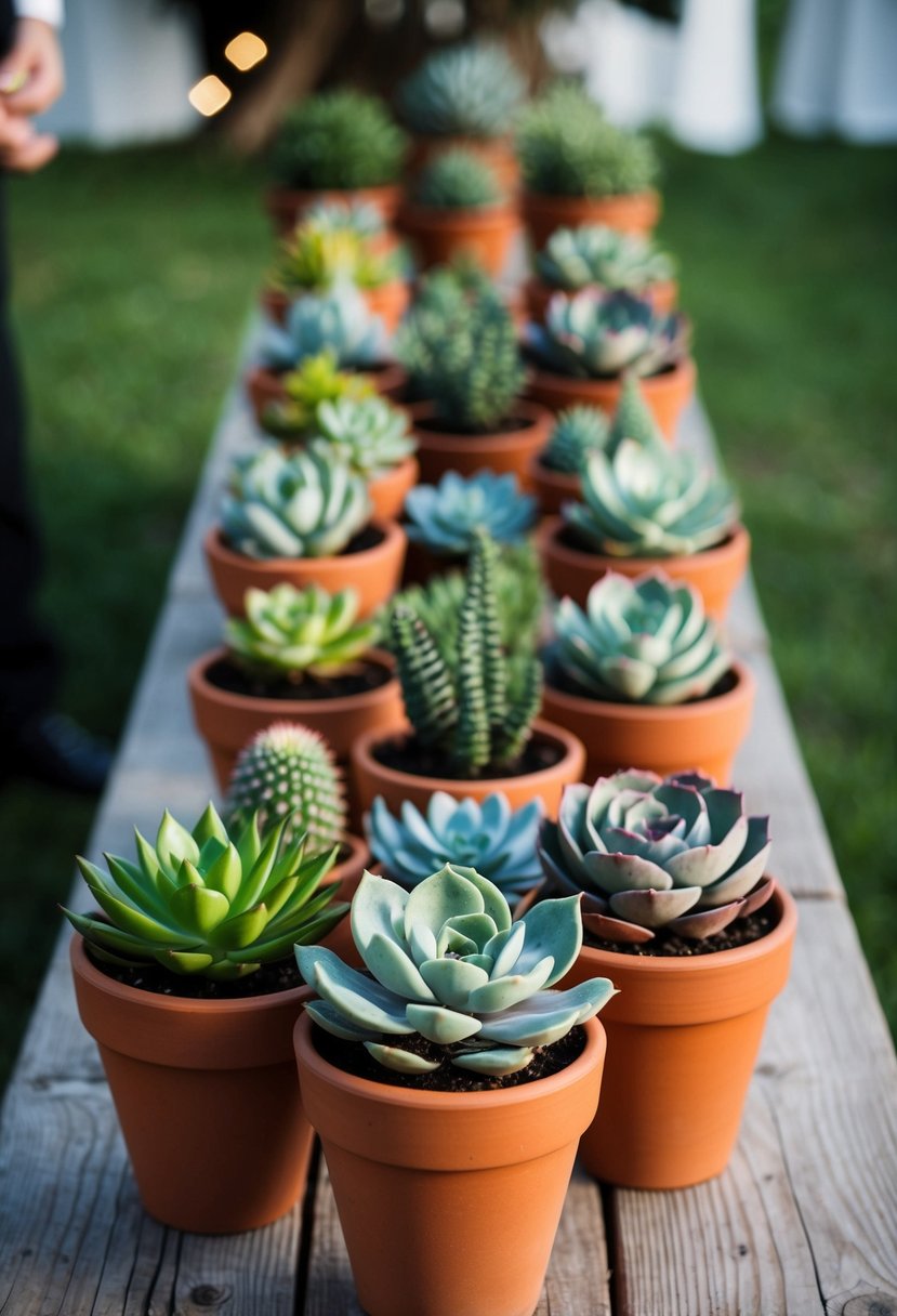 Terracotta pots filled with assorted succulents arranged on a rustic wooden table for a budget-friendly wedding decoration