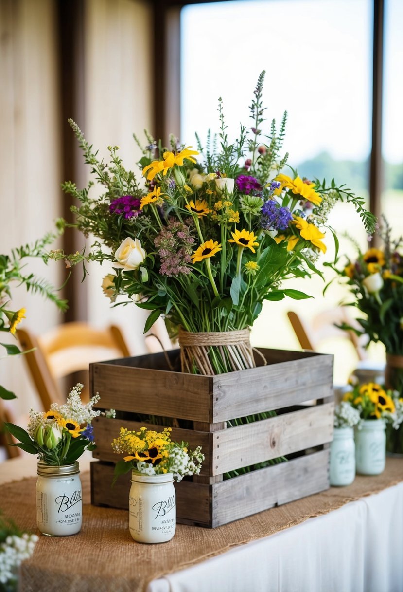 A wooden crate filled with wildflowers sits on a table, surrounded by smaller bouquets in mason jars. The rustic display is set for a wedding head table