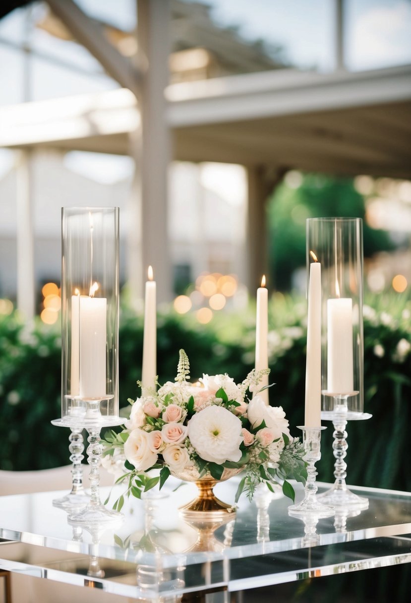 A clear acrylic table adorned with elegant floral centerpieces and delicate candle holders