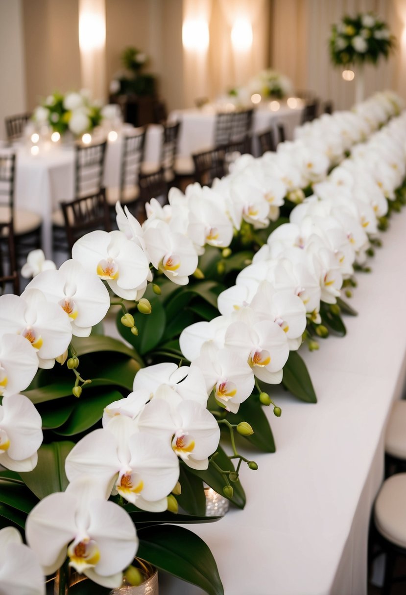 Lush orchid bouquets cascade down a long wedding table, creating a stunning focal point