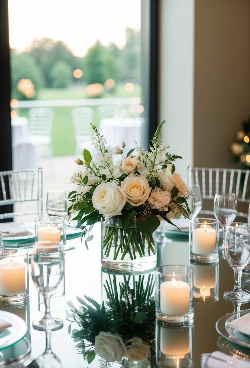 A glass table adorned with acrylic floral centerpieces and floating candles, creating a romantic and elegant wedding decoration