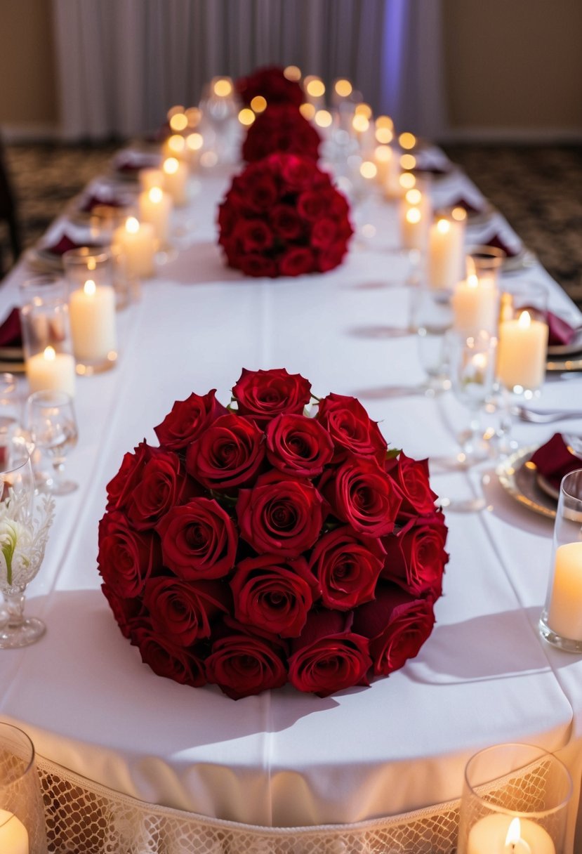 A lush bouquet of classic red roses sits atop a white linen-draped head table at a wedding reception, surrounded by flickering candles and delicate lace accents