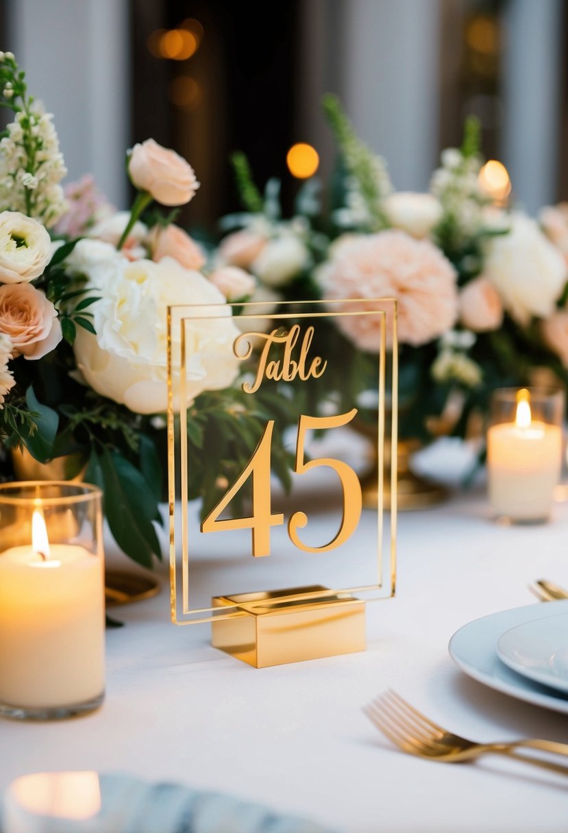 Golden etched acrylic table numbers arranged on a sleek table, surrounded by elegant floral centerpieces and soft candlelight