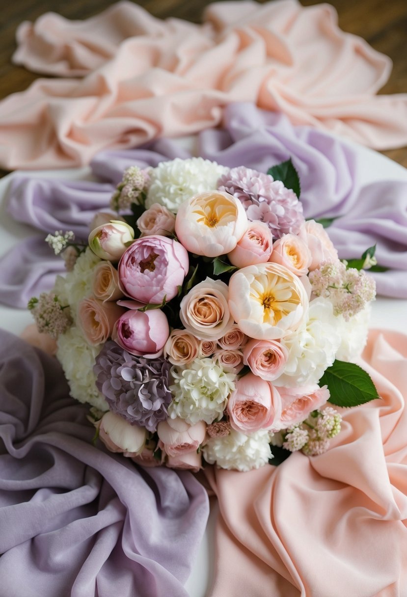 A pastel bouquet of roses, peonies, and hydrangeas sits on a table, surrounded by soft, flowing fabric in shades of pink, peach, and lavender