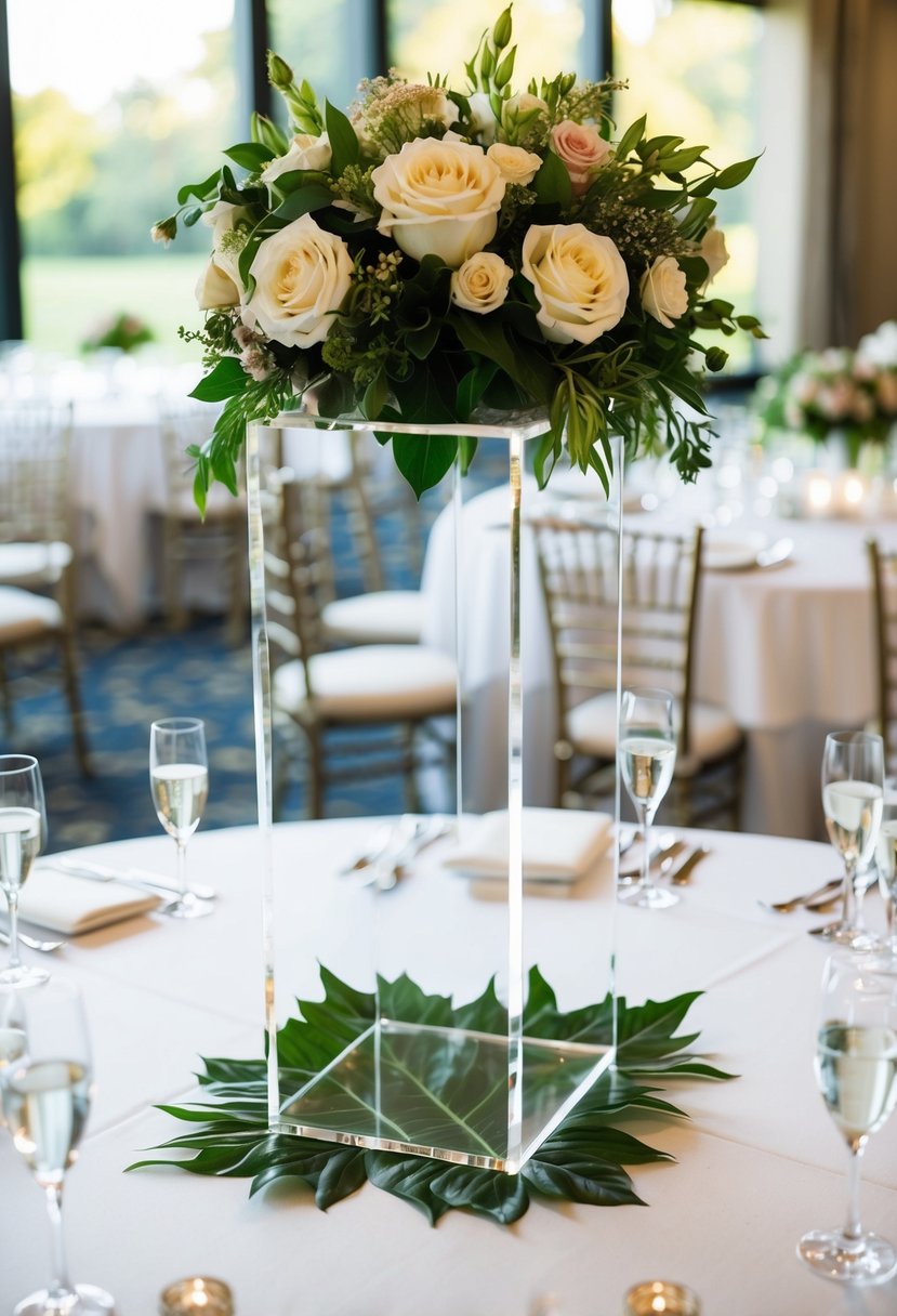 A clear acrylic stand holds a lush floral arrangement, adding elegance to a wedding table