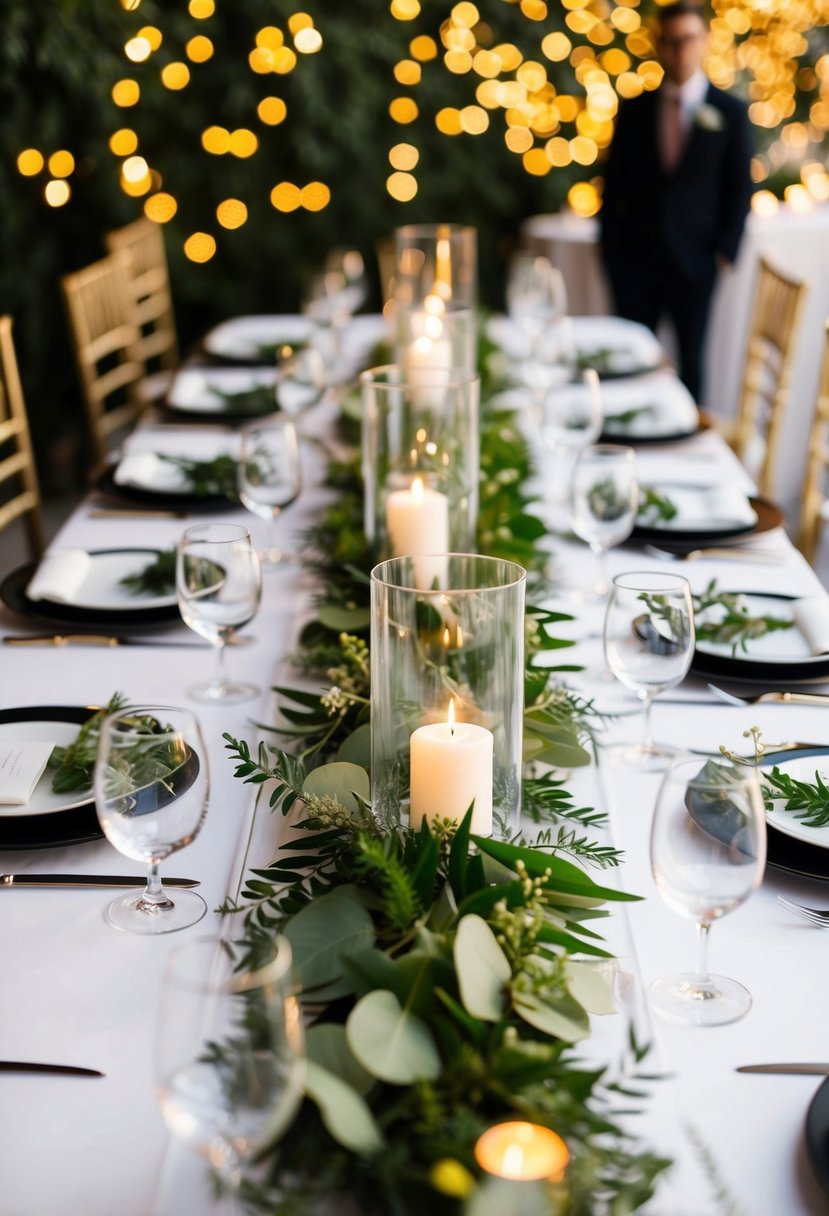 Acrylic table runners adorned with vibrant greenery, creating a modern and elegant wedding table decoration