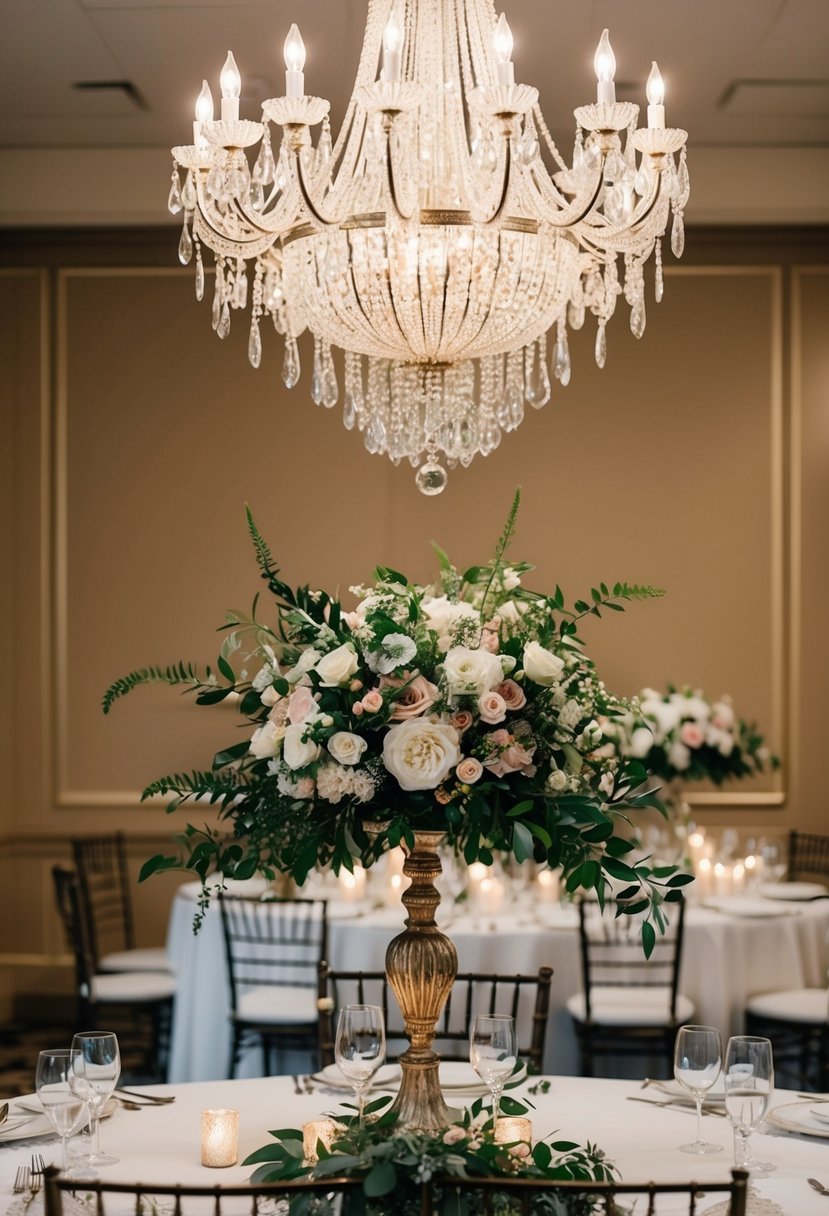 An elegant chandelier hangs above a head table adorned with a lush floral wedding bouquet