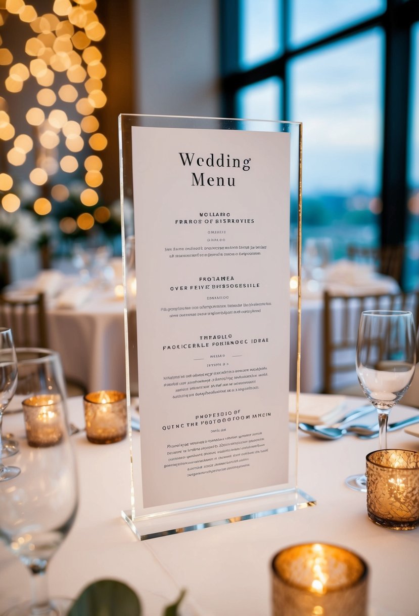 A transparent acrylic menu displays wedding table decoration ideas