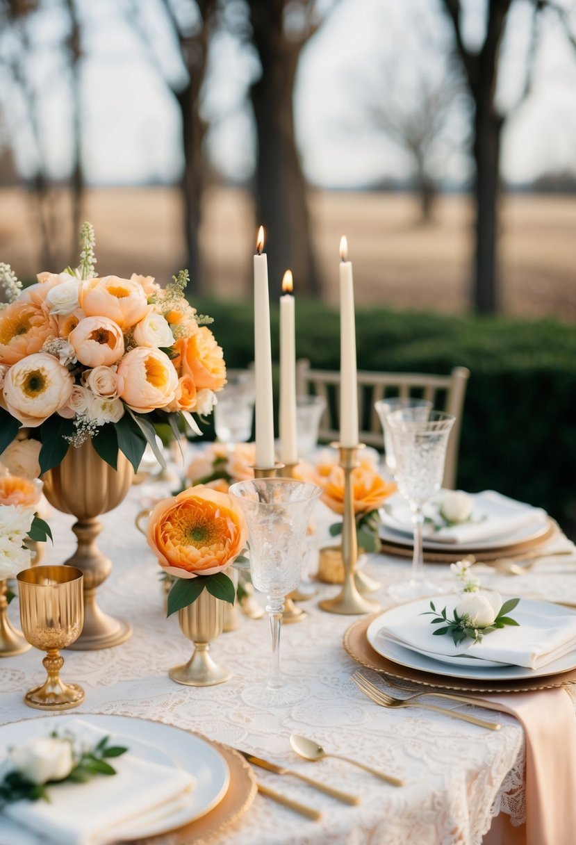 An elegant wedding table adorned with apricot-colored flowers, delicate lace tablecloth, and golden candle holders