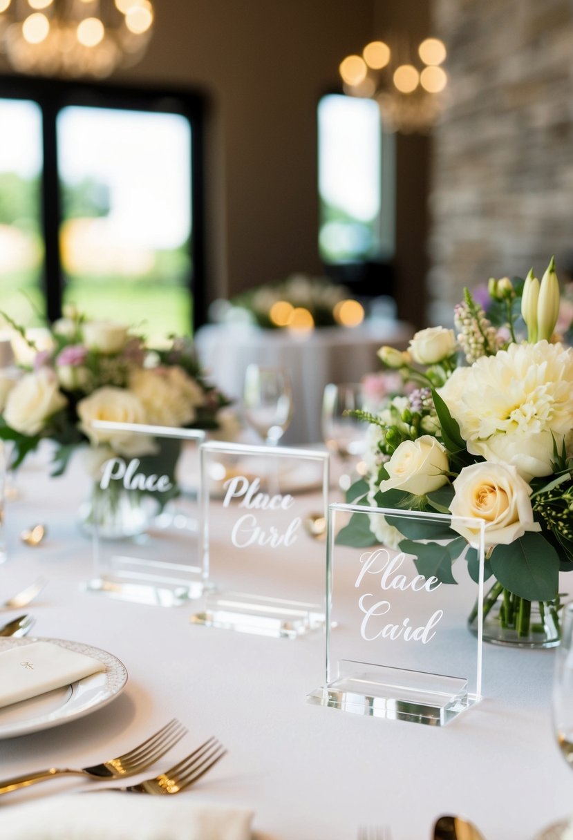 Acrylic place card holders arranged on a wedding reception table with floral centerpieces and elegant table settings