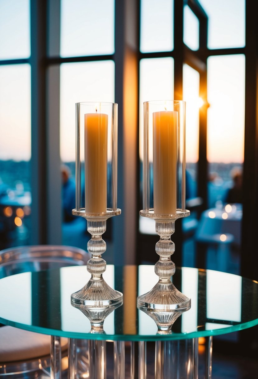 Two elegant lucite candlesticks stand on a sleek acrylic wedding table, casting a warm glow in a chic and modern setting