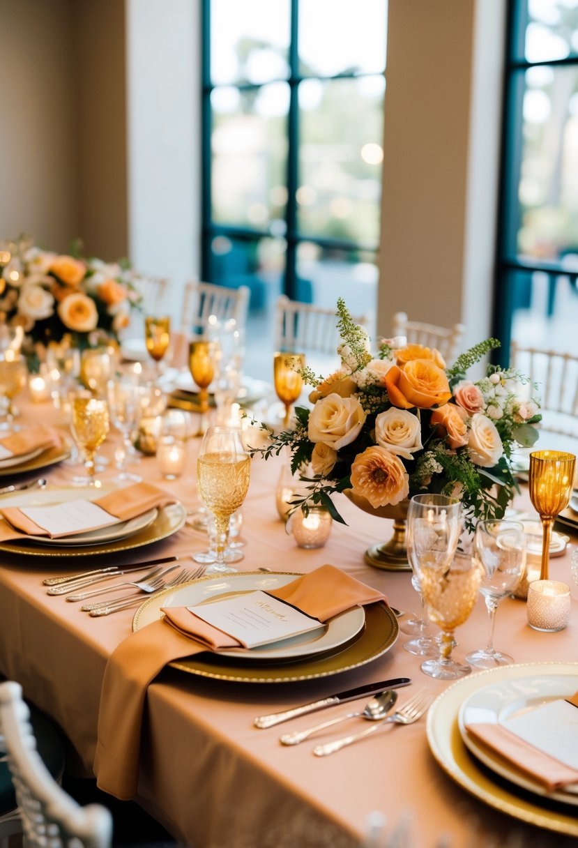 A table adorned with apricot and gold accents, featuring elegant floral centerpieces and glistening tableware for a luxurious wedding setting