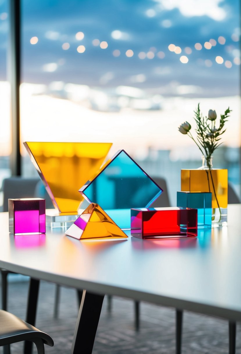 Vibrant acrylic geometric shapes arranged on a modern table, serving as wedding decorations