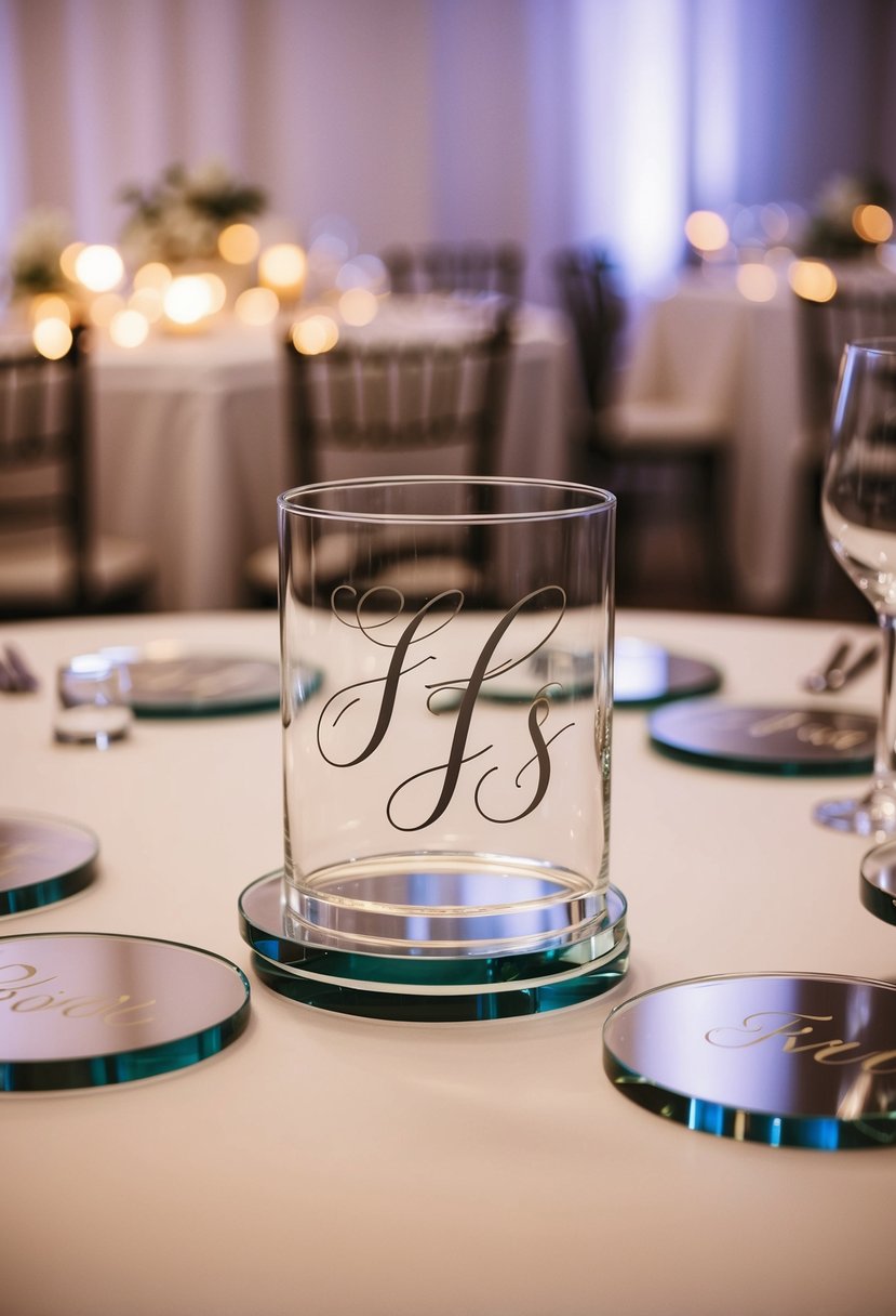 A set of personalized acrylic coasters arranged on a wedding reception table, reflecting the ambient light and adding a touch of elegance to the decor