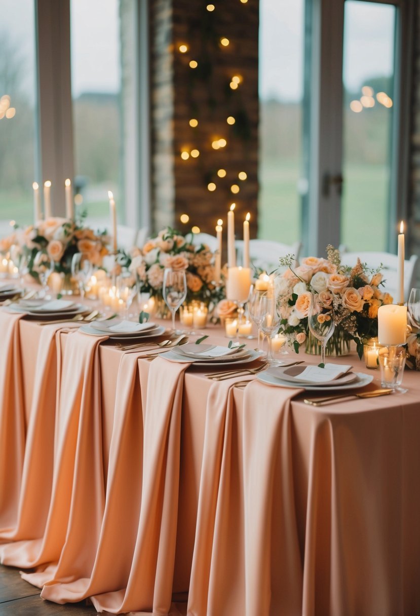 Apricot-hued linens drape elegantly over a wedding table, adorned with delicate floral centerpieces and glowing candlelight for a soft, romantic atmosphere