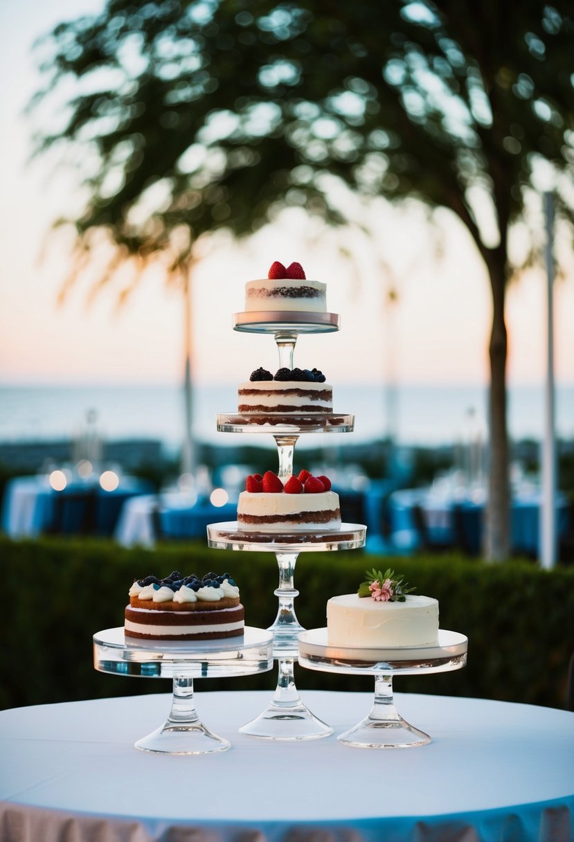 Acrylic risers elevate decadent desserts on a wedding table, creating a modern and elegant display