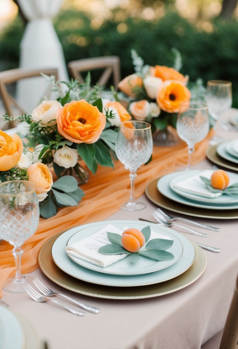 An elegant table setting with apricot and sage accents, featuring floral centerpieces and delicate place settings