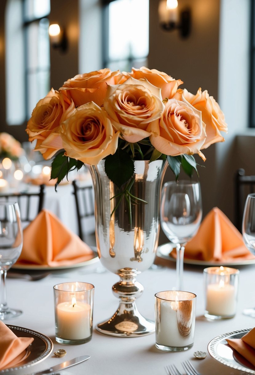 A mercury glass vase filled with apricot roses sits on a table with matching napkins and candles, creating a sophisticated wedding centerpiece