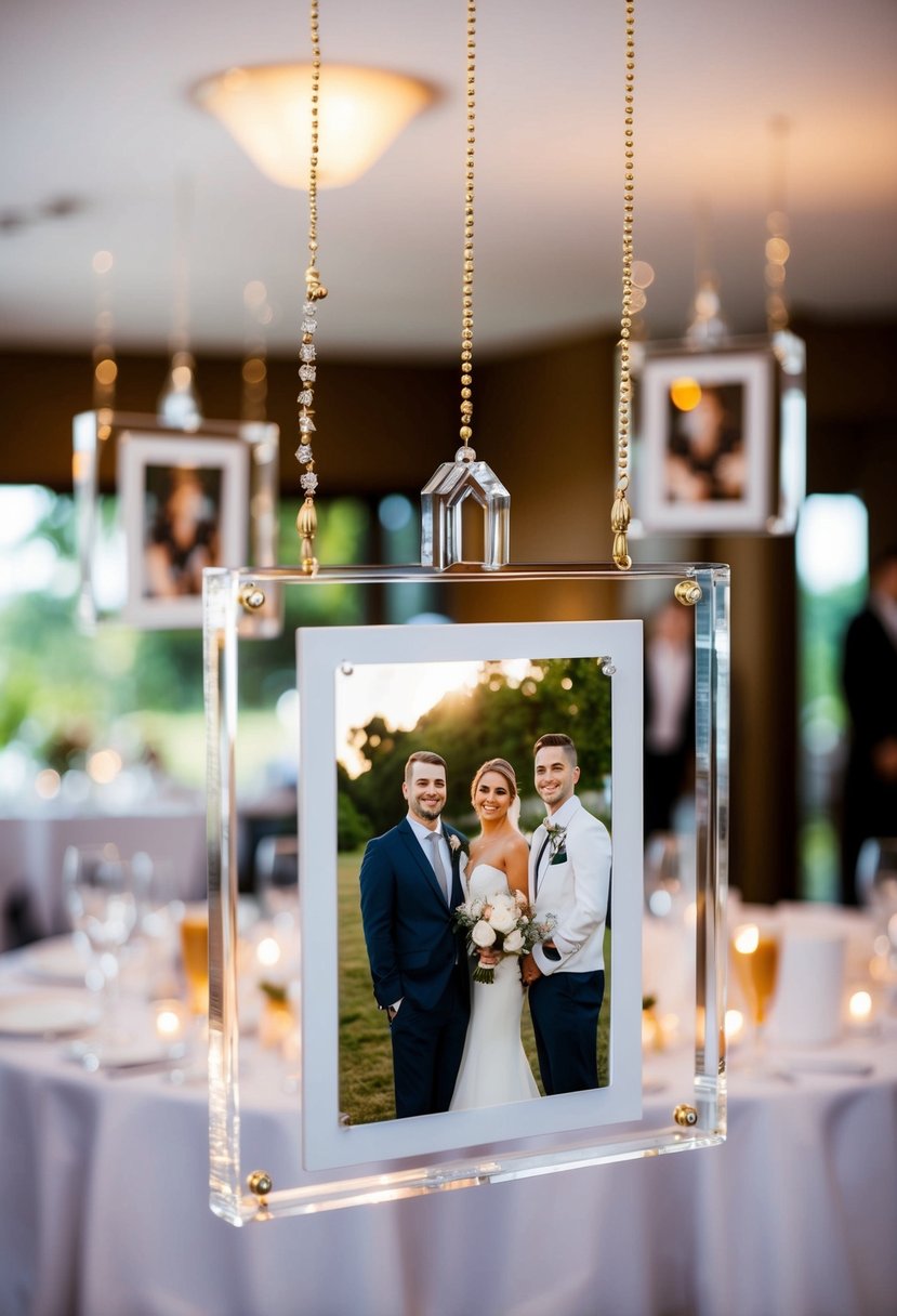 Acrylic photo frames hang above wedding tables, adding decorative flair