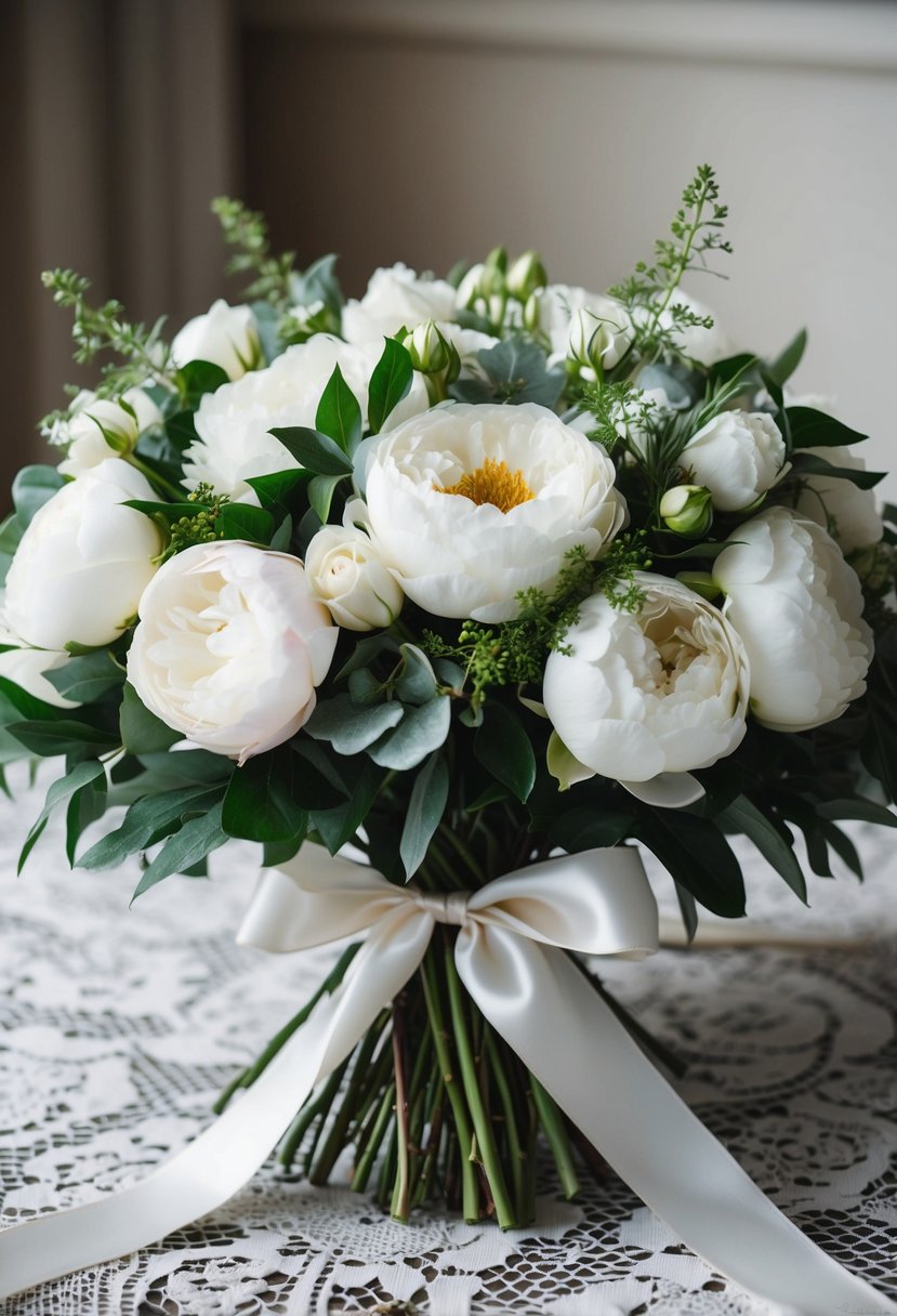 A lush bouquet of white roses, peonies, and greenery tied with a satin ribbon, resting on a vintage lace tablecloth