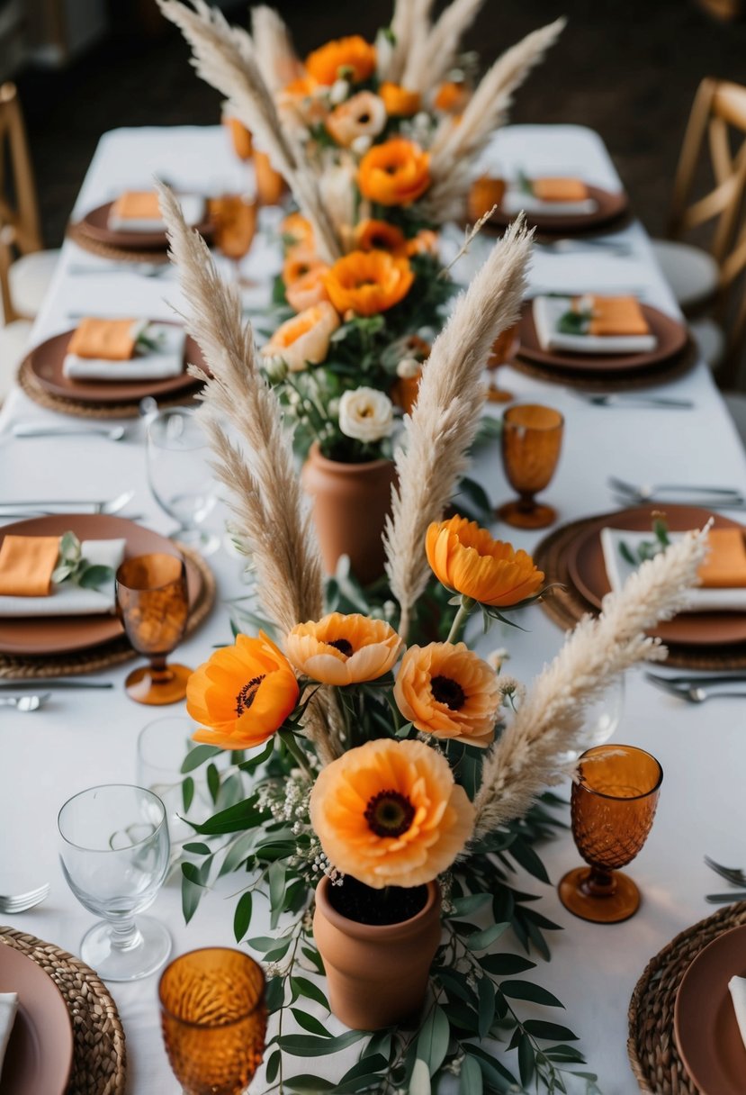 A table adorned with apricot flowers, terracotta accents, and pampas grass arrangements for a wedding celebration